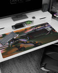 Armored skater cutting across asphalt beside a black street racer on anime desk pad 40x20 inches.