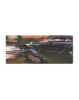 Cyber street anime mouse pad 28x12 inches with skater and black street racer in neon dusk scene.