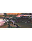 Cyber street anime desk pad 36x16 inches with skater and black street racer in neon dusk.