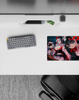 Neon teal hangar vibe on a 14x10 inches anime girl mouse pad, glossy reds, crisp whites, and sleek blacks.