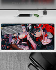 32x16 inches anime girl mouse pad in neon teal hangar, glossy reds, crisp whites, sharp lighting.