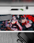Neon teal hangar anime girl desk pad 36x16 inches, glossy red-white-black panels and cute chaos mood.
