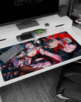 Close-up blue-eyed anime pilot girl leaning in, squad behind in caps, desk pad 40x20 inches.