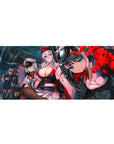 Anime girl desk pad 36x16 inches with cockpit hangar squad, caps and uniforms, sci-fi panel backdrop.
