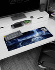Glowing planet over swirling storm clouds desk mouse pad, 32x12 inches, in a dreamy midnight cosmos scene.