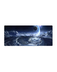 Midnight sky spiral storm clouds and glowing planet desk mouse pad, 28x12 inches.