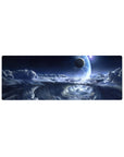 Midnight sky spiral storm cloud mouse pad, 32x12 inches, with glowing planet and silver mist edges.