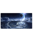 Midnight sky spiral storm cloud mouse pad, 32x16 inches, with glowing planet and silver mist edges.