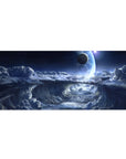 Midnight spiral storm clouds and glowing planet cosmic desk pad, 36x16 inches.