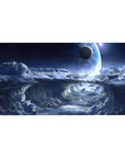 Midnight sky spiral desk pad 40x20 inches with storm clouds, silver mist edges, and a glowing planet.
