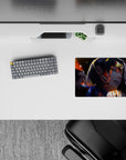 Warm orange glow anime girl mouse pad 14x10 inches, deep shadows, dramatic late-night action mood.