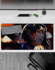 32x16 inches anime girl mouse pad in warm orange glow and deep shadows, late-night action mood.