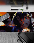 Anime girl desk pad 40x20 inches in warm orange glow, deep shadows, and molten highlights for a dramatic vibe.