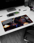 32x16 inches anime girl mouse pad featuring a dark-haired girl with a fierce near-smile, molten highlights.