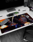 Anime girl desk pad 40x20 inches featuring dark-haired heroine with fierce near-smile in late-night action lighting.