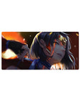 32x16 inches anime girl mouse pad with fiery spark-streak design, smooth gradients, and dark-haired heroine.