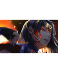 Anime girl desk pad 40x20 inches with fiery spark-streak background and smooth gaming surface.