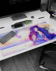 40x20 inches anime desk mat showing violet-haired girl and uniformed boy holding hands, sharing a kiss.