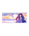 28x12 inches anime mouse pad with lovers kissing at sunset and a glowing floating fortress on the horizon.