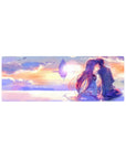 32x12 inches anime mouse pad with lovers kissing at sunset and a glowing floating fortress sci‑fi horizon.