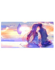 32x16 inches anime mouse pad with kissing couple at sunset and a glowing floating fortress on the horizon.