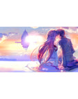40x20 inches anime desk pad with lovers kissing at sunset, floating fortress sci-fi horizon, crisp print.