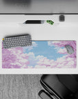 Intense 32x12 desk mat features cherry blossoms and serene sky with intricate details for fans of tranquility