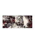 Mouse pad featuring Guts fighting inner and outer demons, 28x12 inches, with blood-soaked chaos and crimson accents for a bold desk design.