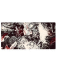Mouse pad featuring Guts fighting inner and outer demons, 32x16 inches, with chaotic blood-soaked design and crimson highlights.
