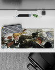 32x12 inches anime girl mouse pad in gritty blacks and steel tones, snow-gray sky, and chaotic blast light.