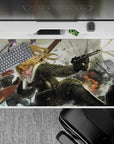 Anime girl desk pad 40x20 inches in gritty blacks and steel tones, snowy gray sky and chaotic war mood.