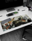 Saga of Tanya the Evil 36x16 inches desk pad featuring Tanya’s wicked grin amid smoke, sparks, and blast light.