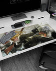 Tanya Degurechaff grinning amid smoke and sparks on anime desk pad 40x20 inches, action scene detail.
