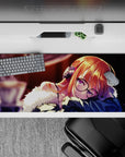Moody amber-lit anime desk pad 36x16 inches in copper and midnight browns, late-night chill vibe.