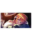 Anime girl mouse pad 32x16 inches with sleepy OC, round glasses, chunky headphones, fluffy trim.