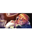 Anime girl desk pad 36x16 inches with sleepy OC, round glasses, chunky headphones, cozy fluffy trim.