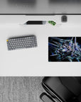 Galaxy-haze anime mouse pad 14x10 inches in steel blue, silver, and neon teal with comet-like glow.