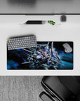 28x12 inches anime mouse pad in steel blue and silver with neon teal highlights, set in a deep galaxy haze.