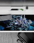 Neon teal, steel blue, and silver anime desk pad 36x16 inches with fast galaxy haze and light shards.