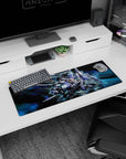 32x12 inches anime mouse pad featuring Gundam 00 GN-0000 00 Gundam slicing through space with glowing shards.