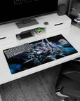 32x16 inches Gundam 00 GN-0000 00 Gundam mouse pad, blades out, comet thrusters, light shards in space.