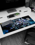 Gundam 00 GN-0000 00 Gundam anime desk pad 36x16 inches, blades out, comet thrusters in space.