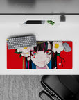 28x12 inches desk mat in bold red with white camellia blooms, glossy black hair, teal streaks, edgy cute.