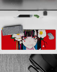 32x12 inches anime girl mouse pad in bold red with crisp white flowers, glossy black hair, playful menace vibe.