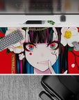 40x20 inches anime girl mouse pad in bold red with crisp white flowers, glossy black hair, cute chaos.