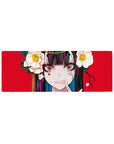 32x12 inches anime girl mouse pad with red backdrop, white camellias, rainbow eyes, and teal-streak hair.