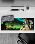 32x12 inches anime desk mouse pad in teal mist and deep greens with warm lantern glow, dreamy night vibe.