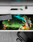 Anime girl desk pad 36x16 inches in teal mist and deep greens, warm lantern glow, dreamy night-magic mood.