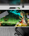 40x20 inches anime desk pad in teal mist and deep greens, warm lantern glow, dreamy night-magic mood.