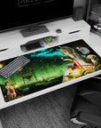 Anime girl desk pad 40x20 inches showing fox-eared shrine maiden looking back in a quiet forest torii gate.